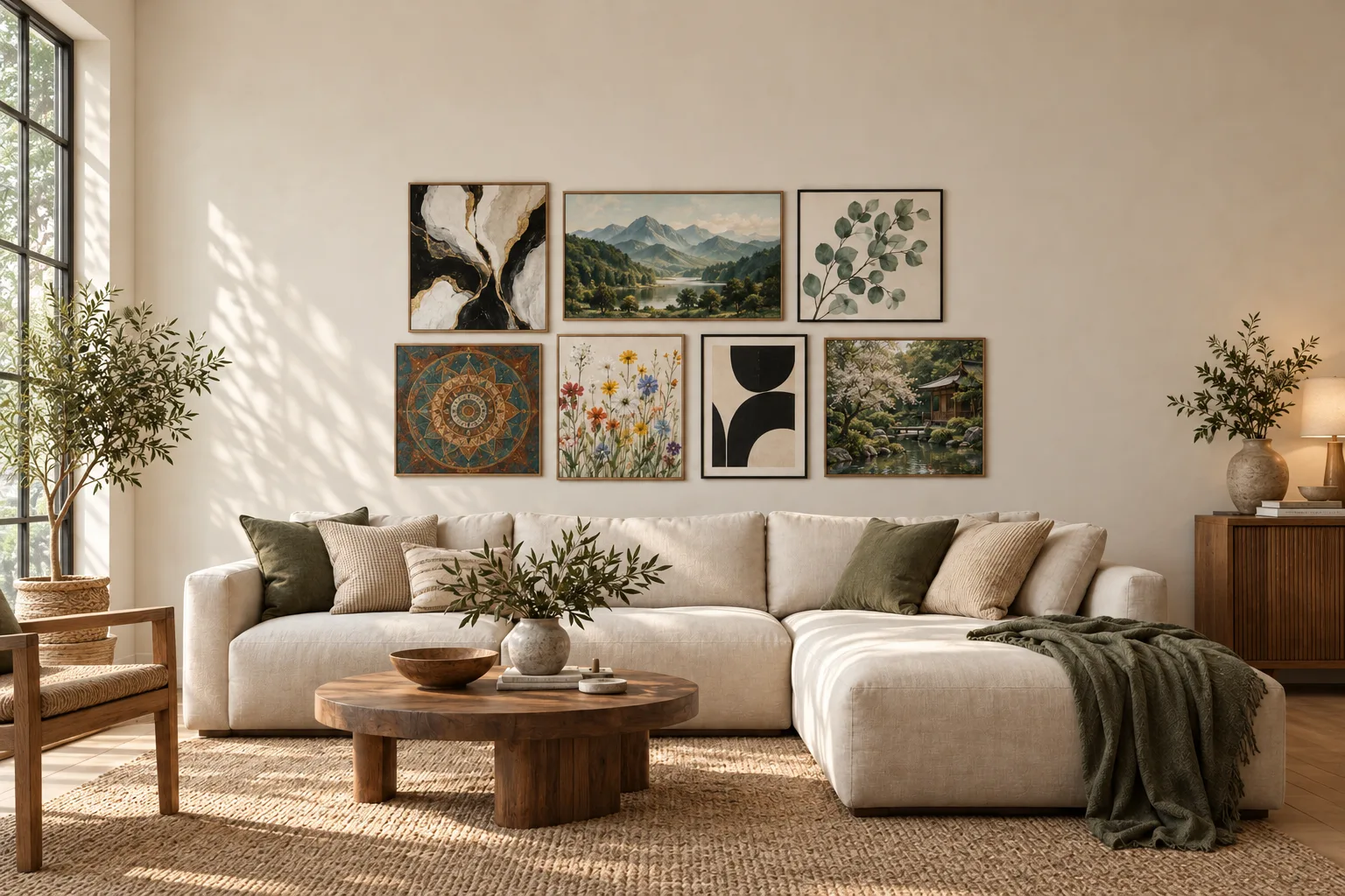 Living room with a varied gallery wall