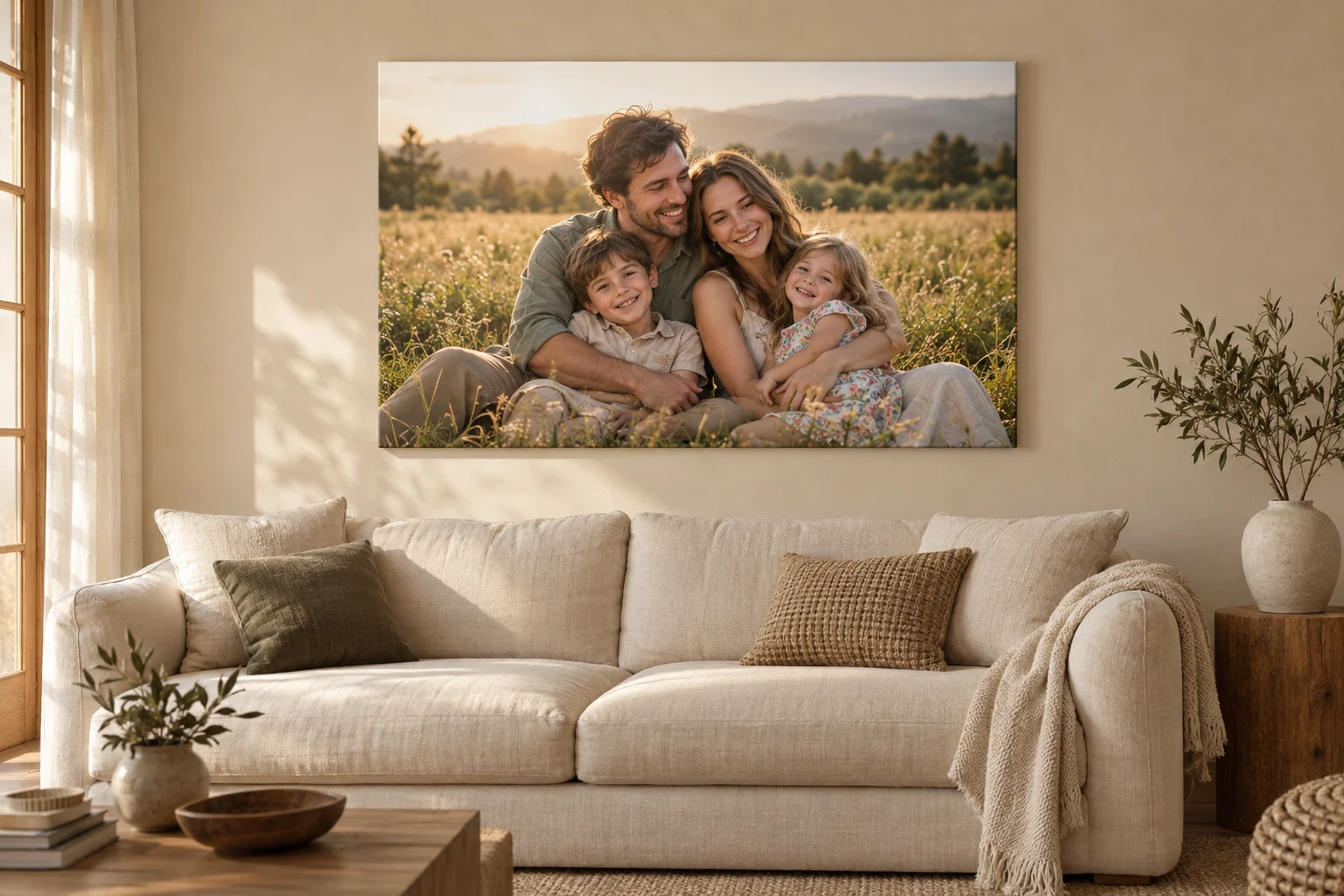 Family photograph displayed as personal wall art in a living room